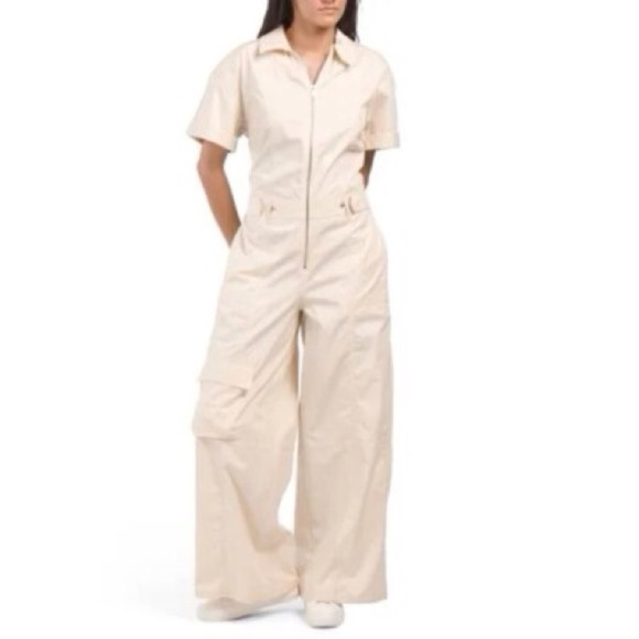 Zara Pants - Zara Women XS Beige Cotton Relaxed Short Sleeve Wide Leg Cargo Jumpsuit NWOT